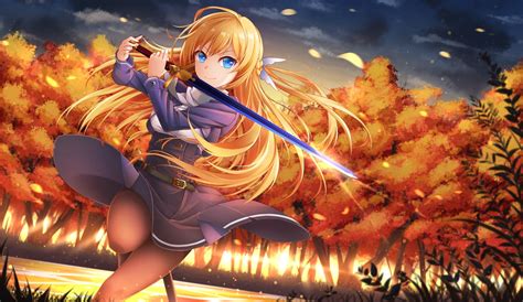 Anime Girls Blue Eyes Original Characters Blonde Sword Weapon