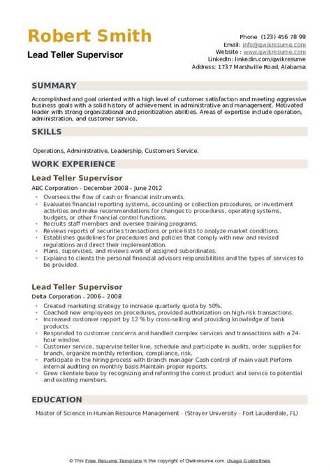 The resume sample above contains a pretty hefty technical skills section to serve as a reference point. Lead Teller Supervisor Resume Samples | QwikResume