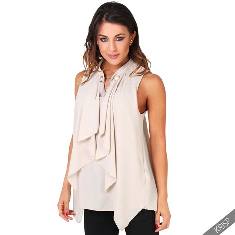 Women Frill Retro High Neck Sleeveless Ruffle Blouse V Neck Waterfall