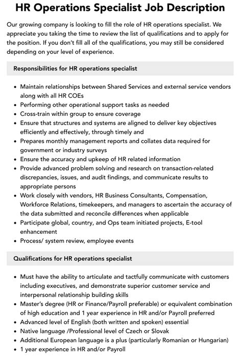 Hr Operations Specialist Job Description Velvet Jobs