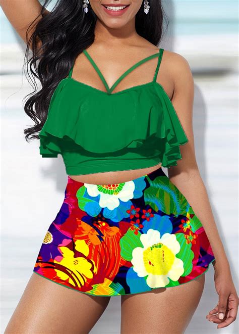 Ruffle Hem Flower Print High Waist Bikini Set Rosewe USD 15 99