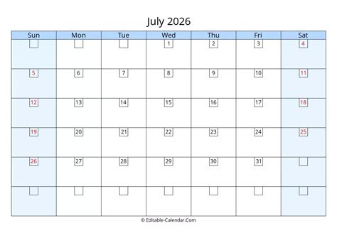 Download Editable 2026 Calendar July Weeks Start On Sunday