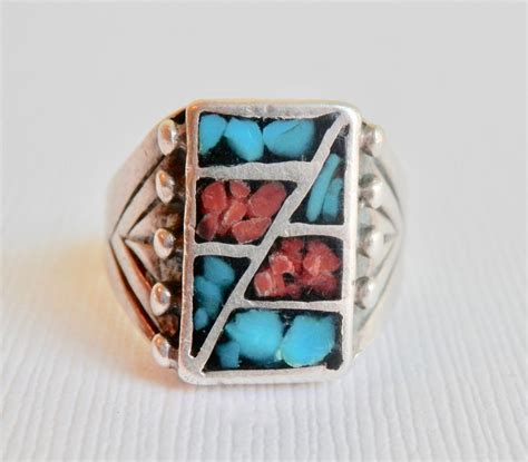 Navajo Ring Sterling Silver Inlaid Turquoise Coral Vintage Native