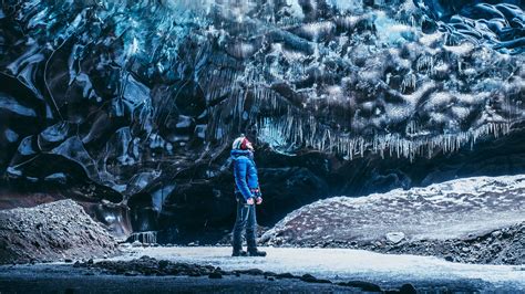 Download Wallpaper 1920x1080 Cave Ice Glacier Man Journey Full Hd