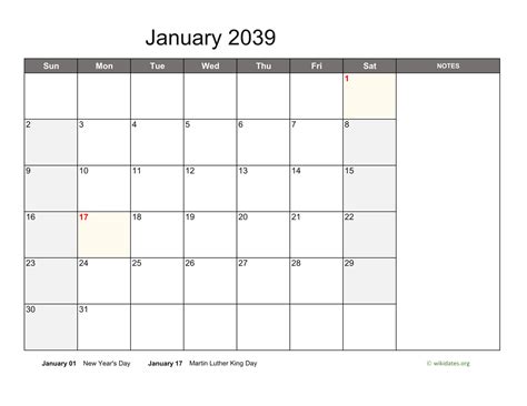 January 2039 Calendar With Notes
