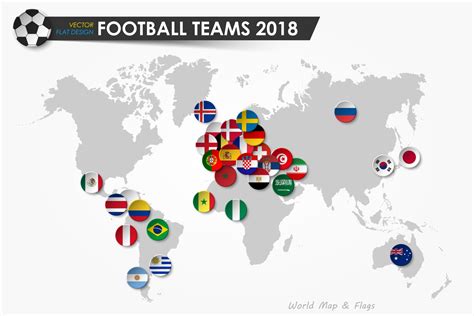 Soccer Cup 2018 Country Flags Of Football Teams On World Map Background