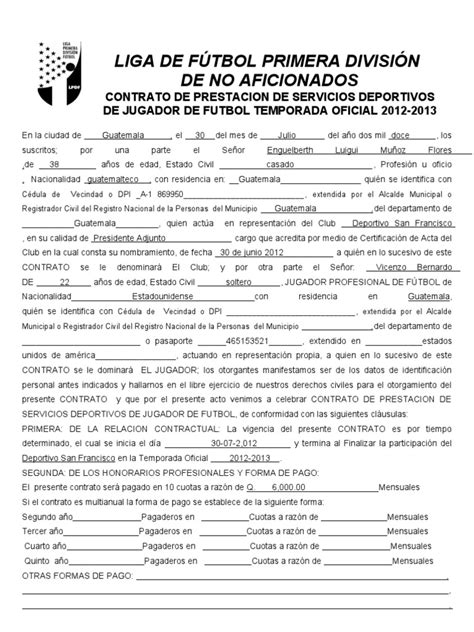 contrato de prestacion de servicios deportivos de jugador temporada 2012 2013 1 asociación