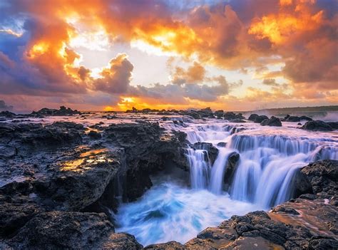 Kauai Island Sunrise Rocks Hawaii Golden Ocean Bonito Sky Clouds