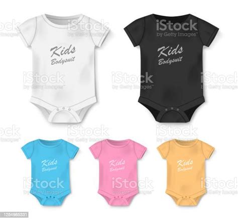 Realistic Blank Baby Bodysuit Template Isolated White Black Pink Blue