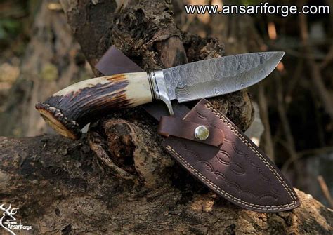 Custom Handmade Forged Damascus Steel Hunting Knife With Stag And Brass