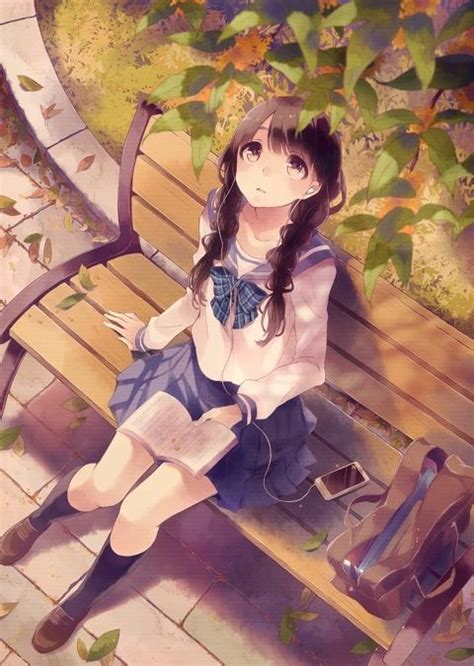 Anime School Girl School Uniform Braides Bench Tree The