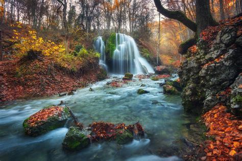 Beautiful Waterfall In Autumn Forest In Crimean Mountains