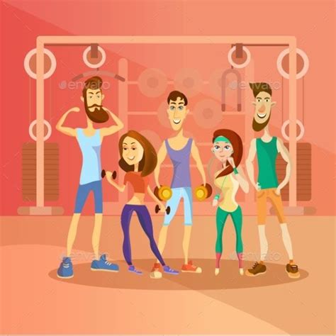 Group Of People Working Out In A Gym And Dressed Workout Cartoon