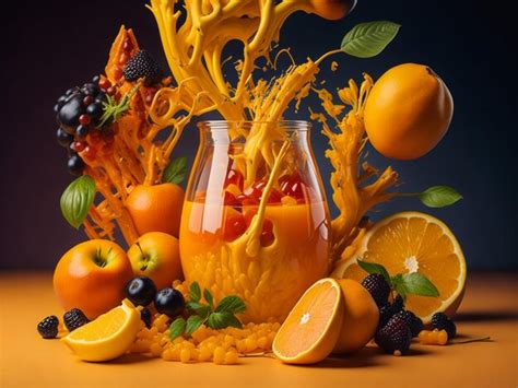 Premium Ai Image Mixed Fruit Falling In Colorful Juices Splashing