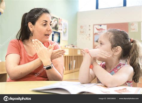Sign Language Teacher Extra Tutoring Class Deaf Child Girl Using Stock