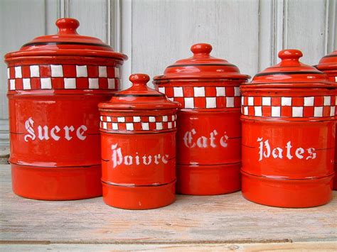 Vintage French Enamel Kitchen Canister Set Red With White Etsy