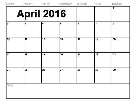 April 2016 Blank Calendar Printable Calendar Templates