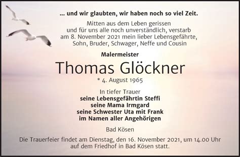 Traueranzeigen Von Thomas Glöckner Abschied Nehmende