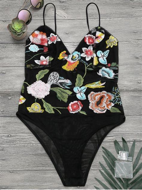 Floral Embroidered Sheer Mesh Bodysuit Teddy Black M Embroidered