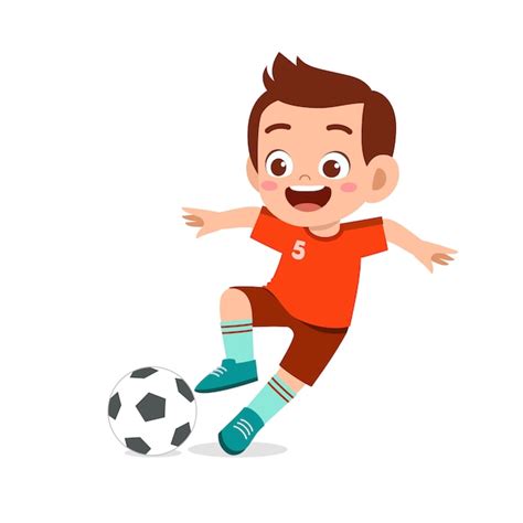 Premium Vector Cute Kid Boy Play Soccer As Striker