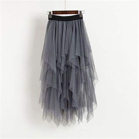 tulle skirts women high waist mesh skirt hem asymmetrical pleated midi skirt female slim black