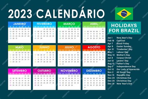 Vector De Calendario 2023 Versión Brasileña Con Días Festivos Vector