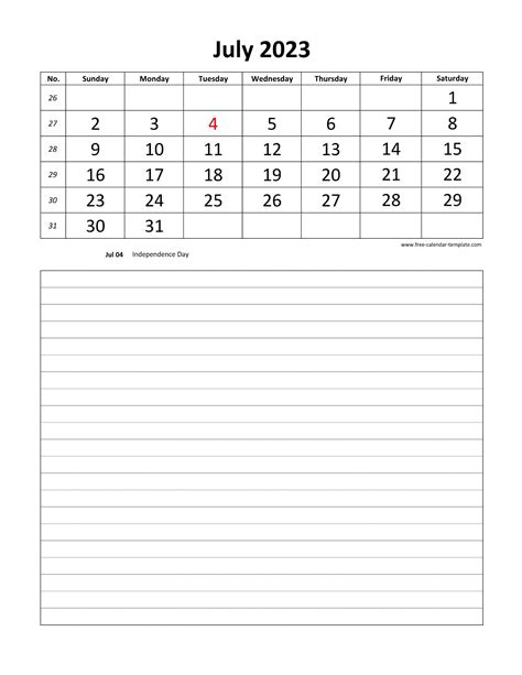 Printable 2023 July Calendar Grid Lines For Daily Notes Vertical