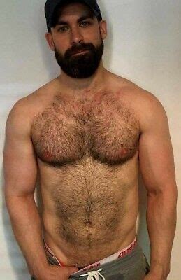Shirtless Male Muscular Beefcake Hairy Chest Body Beard Wink Hunk Photo