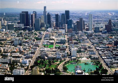 Aerial View Of Los Angeles Skyline Above Macarthur Park With City