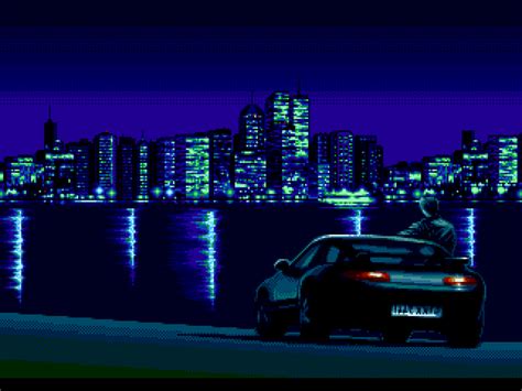 The best gifs for pixel city. Wallpaper : night, car, river, city, skyscraper, pixel art ...