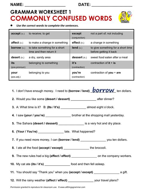 English Grammar Worksheet Commonly Confused Words 1