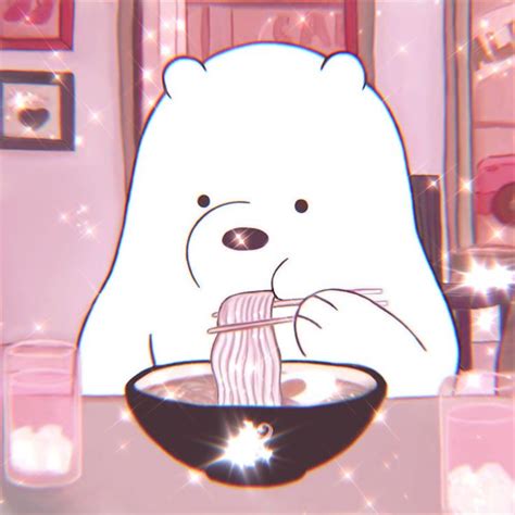A Polar Bear Eating Noodles In A Bowl With Chopsticks On The Table Next