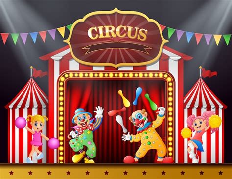 Espectáculo De Circo Con Payasos Y Animadoras En El Escenario Vector