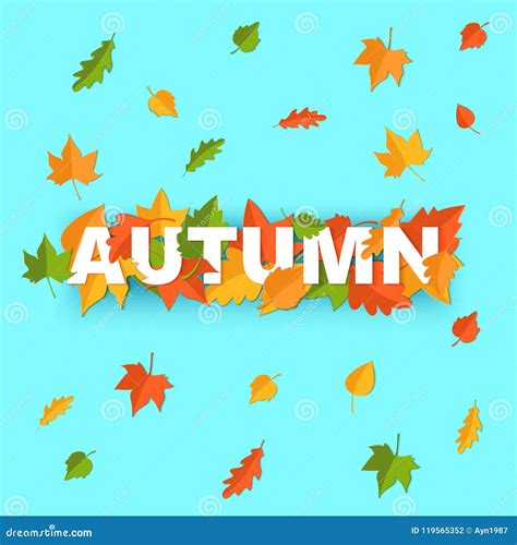 Word Autumn Composition With Green Yellow Red Leaves On Blue Background