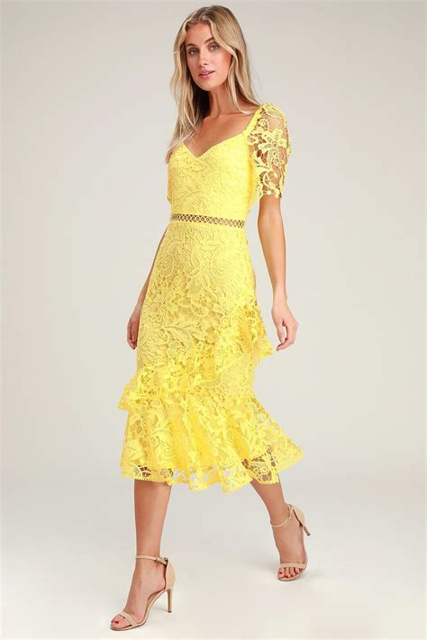 Briarwood Yellow Lace Ruffled Midi Dress Yellow Lace Dresses Lace Dress Casual Cocktail