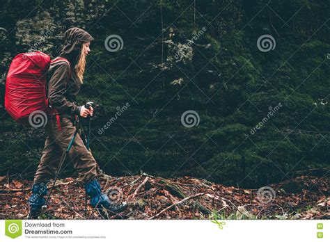 Woman Hiker With Red Backpack Traveling Stock Image Image Of Girl Backpacker 78061987