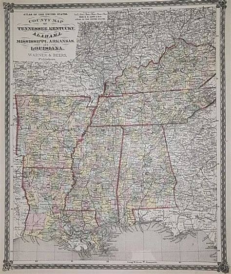 Antique 1875 Railroad And County Map South Central States Al Ky