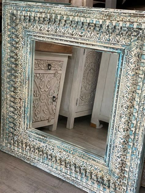 Indian Hand Carved Mirror Wooden Wall Décor 90x90cm Blue Etsy