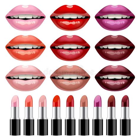 Set Of Lipsticks And Woman`s Glossy Lips In Different Colors Iso Stock Vector Illustration Of