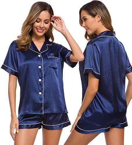 Swomog Womens Pajamas Set Silk Satin Sleepwear Short Sleeve Nightwear