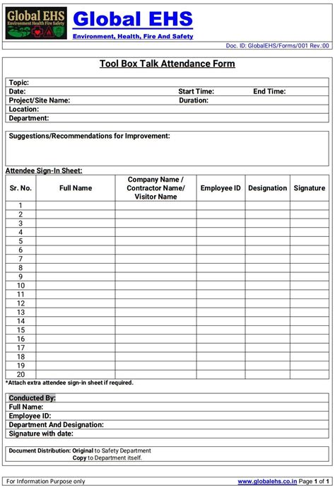 22 Printable Toolbox Talk Sign In Sheet Forms And Tem