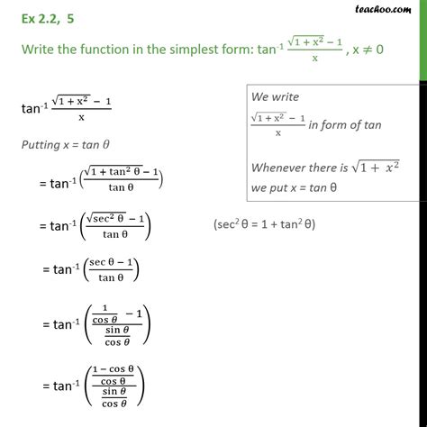 Ex 22 5 Simplify Tan 1 Root 1 X2 1x Chapter 2