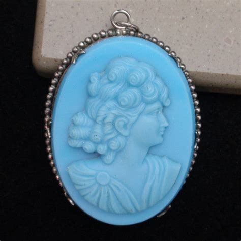 Cameo Pin Vintage Blue Glass Sterling Silver Bezel World Of
