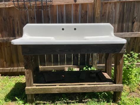 Antique 60and Cast Iron Farm Sink Double Drainboards Highback Exc
