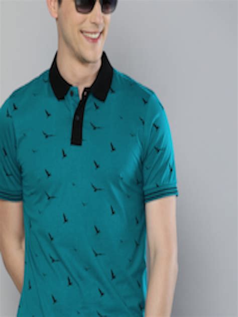 Buy Herenow Men Teal Blue Printed Polo Collar Pure Cotton T Shirt