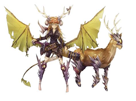 1440x900 Resolution Female Anime Character With And Wings Beside Deer