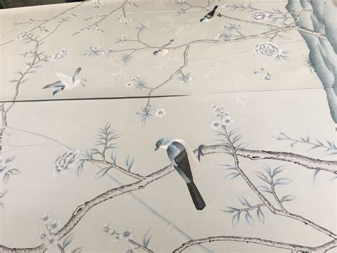 Chinoiserie Handpainted Wallpaper On Light Silver Grey Silk Etsy