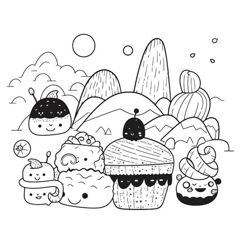 Coloring Pages Cute Animals In The Mountains Kawaii Outline Sketch