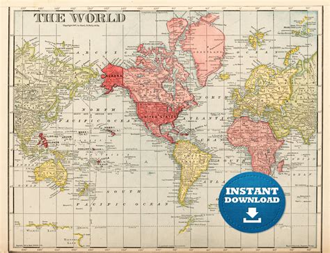 Digital Vintage Colorful World Map Art Printable Download Vintage