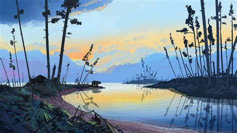 Illustration Artwork Sunset Forest Landscape Water